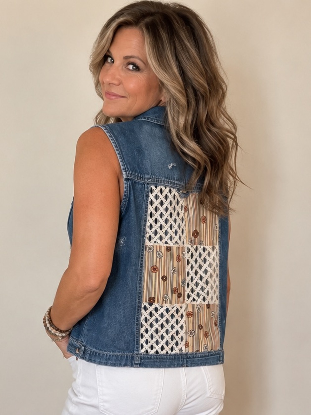 Upcycled Denim Lace Patchwork Vest Size Medium Boho Festival